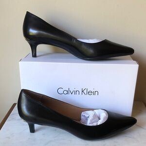 Calvin Klein Black Leather Pointed Kitten Heel Pumps